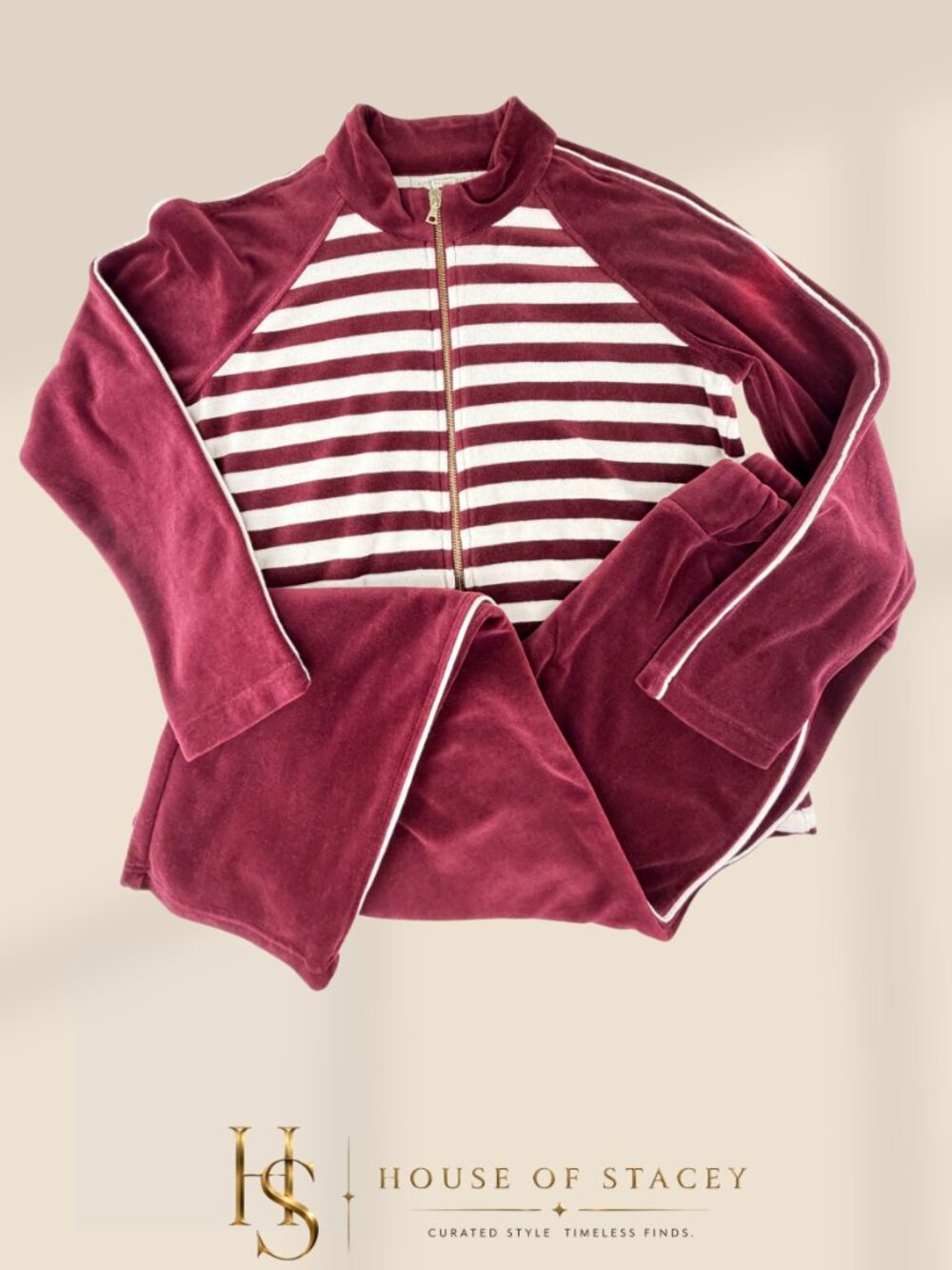 Appleseed's Burgundy and White Striped Velour Track Jacket & Pants Petite Small